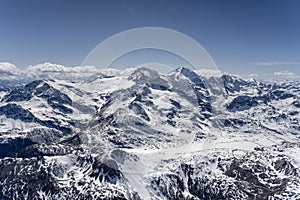 Bianco lake at Bernina pass, aerial from east, Switzerland photo