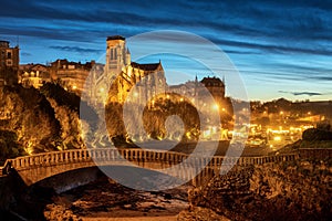 Biarritz, St Eugenia Church and Old Port at night, Basque country, France