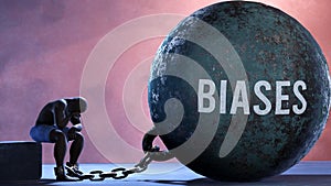 Biases and an alienated suffering human. A metaphor showing Biases as a huge prisoner\'s ball bringing pain and keeping a