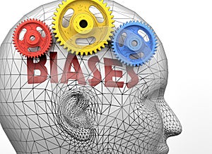 Biases and human mind - pictured as word Biases inside a head to symbolize relation between Biases and the human psyche, 3d