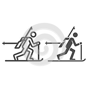 Biathlete at distance line and solid icon, Winter sport concept, biathlon sportsman sign on white background, Biathlete