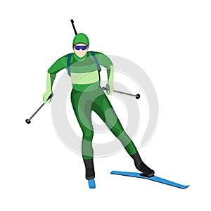 Biathlete skier with two lightweight poles on skis with rifle photo