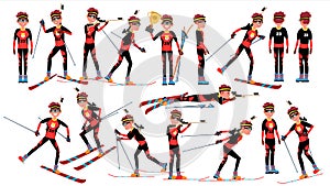 Biathlon Man Player Male Vector. Running In Biathlon Rise. Venue In The Forest. Cartoon Athlete Character Illustration