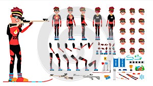 Biathlon Player Male Vector. Animated Character Creation Set. Man Full Length, Front, Side, Back View, Accessories