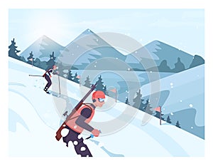 Biathlon race. Male characters wearing an outerwear skiing. Skiing man