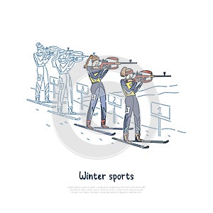 Biathlon race, winter seasonal sport participants, professional sportswoman skiing, shooting banner template