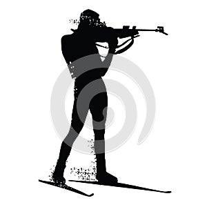 Biathlon racing, skier silhouette isolated on white background