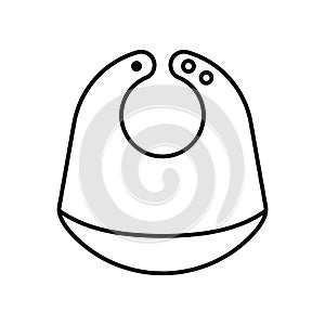 Bib icon. Linear logo of baby feeder with pocket and button fasteners. Black simple illustration of childen`s goods. Contour