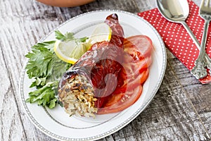 Biber dolmasi, turkish food, stuffed peppers with rice photo