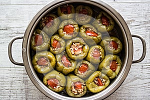 Biber Dolmasi / Turkish Stuffed Peppers in a pan.