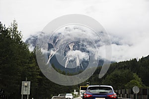 Travelers people driving car on the highway road go to Pfunds village with view landscape of alps mountain