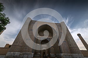 Bibi-Khanym Madrasah during sunset in Samarkand historical center, Uzbekistan