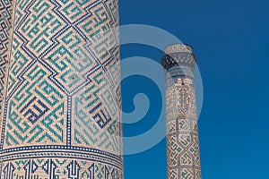 Bibi-Khanym Mosque in Samarkand, Uzbekistan. Blue sky with copy space for text