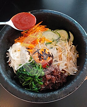 Bibimbap or Bi Bim Bap with Gochujang Sauce, Traditional Korean Food