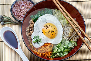 Bibimbap in a bowl, korean dish top view