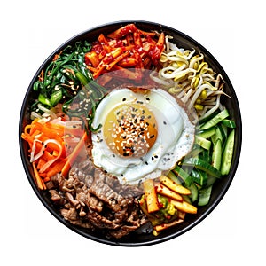 bibimbap, a Korean dish featuring mixed rice topped with bulgogi (marinated grilled beef), assorted vegetables