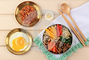 Bibimbap, Mixed rice with meat and assorted vegetables, Korean food with kimchi