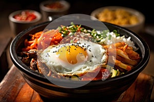 Bibimbap is a popular Korean rice bowl dish served in a traditional Korean restaurant