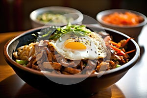 Bibimbap is a popular Korean rice bowl dish served in a traditional Korean restaurant