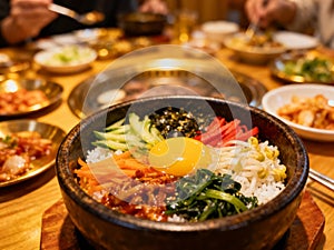 Bibimbap Served in a Stone Bowl with Banchan and Diners in the Background AI-GENERATED