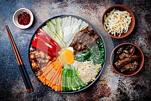 Bibimbap, traditional Korean dish, rice with vegetables and beef.