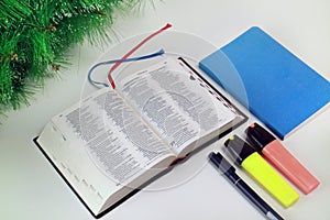 Bible Alkitab Open Blue Notebook and Stationery on White Background and Spruce