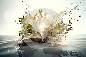 A Bible book showing the origin of life exploding with water and vegetation Generative AI Illustration