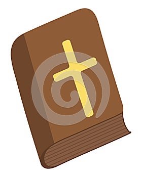 Bible. A brown hardcover book with a gold cross on the cover. Religious Literature. Color vector illustration.