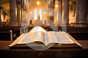 Bible Centered in Church Aisle with Sunlight