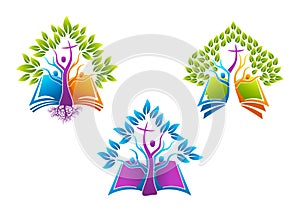 Bible christian tree logo, book root icon holy spirit family , people church vector symbol design