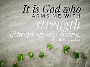 God gives me strength with bible verse design for Christianity with sandy beach background. photo