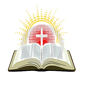 Bible with cross and rays of light photo