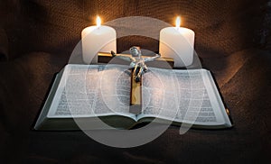 Bible, Crucifix and Two Candles