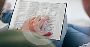 Bible, hand or couple reading book in prayer, support or hope in Christian home to worship together. Closeup, woman or