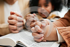 Bible, hands or mother praying with kid siblings for prayer, support or hope together in Christianity. Children