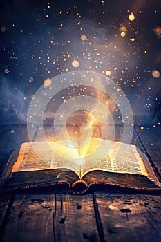 The Bible the Holy Book the Word of God with lighting