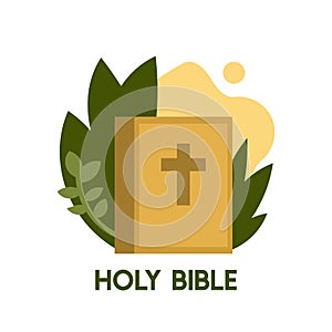 Bible icon vector illustration on white background. Bible book with leaf and abstract shape in background. Christianity logo