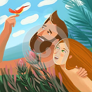 Bible Illustration about Adam and Eve in Eden garden