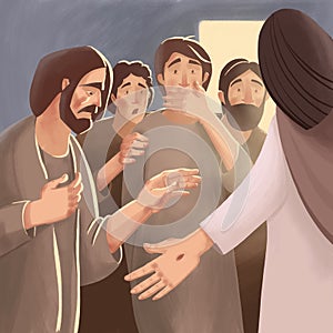 Bible Illustration about resurrection of Jesus Christ and appearance to disciples and apostles photo