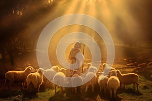 Bible Jesus Shepherd with His Flock of Sheep in Sun Rays