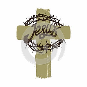 Bible lettering. Christian art. Crown of thorns. Jesus` cross. photo