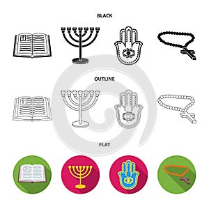 Bible, menorah, hamsa, orthodox cross.Religion set collection icons in black,flat,outline style vector symbol stock