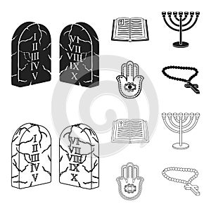 Bible, menorah, hamsa, orthodox cross.Religion set collection icons in black,outline style vector symbol stock