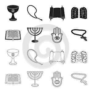 Bible, menorah, hamsa, orthodox cross.Religion set collection icons in black,outline style vector symbol stock