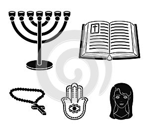 Bible, menorah, hamsa, orthodox cross.Religion set collection icons in black style vector symbol stock illustration web.