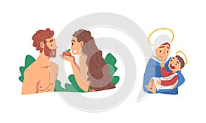Bible Narrative with Adam and Eve Partaking Forbidden Fruit and Mary Holding Jesus Baby Vector Illustration Set