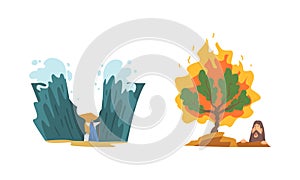 Bible Narrative with Moses and Crossing of the Red Sea and Burning Tree Vector Illustration Set