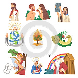 Bible Narratives with Adam and Eve, Burning Bush, Snake of Temptation and Ark of Noah Vector Set