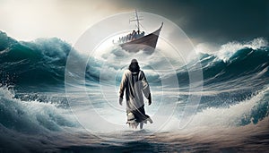 Bible narratives about Jesus walking on water. The disciples saw Jesus walking on the water in the storm. Christian bible