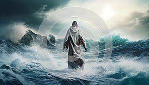 Bible narratives about Jesus walking on water. The disciples saw Jesus walking on the water in the storm. Christian bible